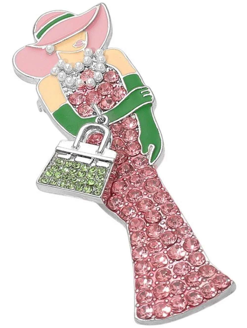 Chic Pink Green Rhinestone Pearls Lady Brooch Pin Elegant Glam Hat Handbag